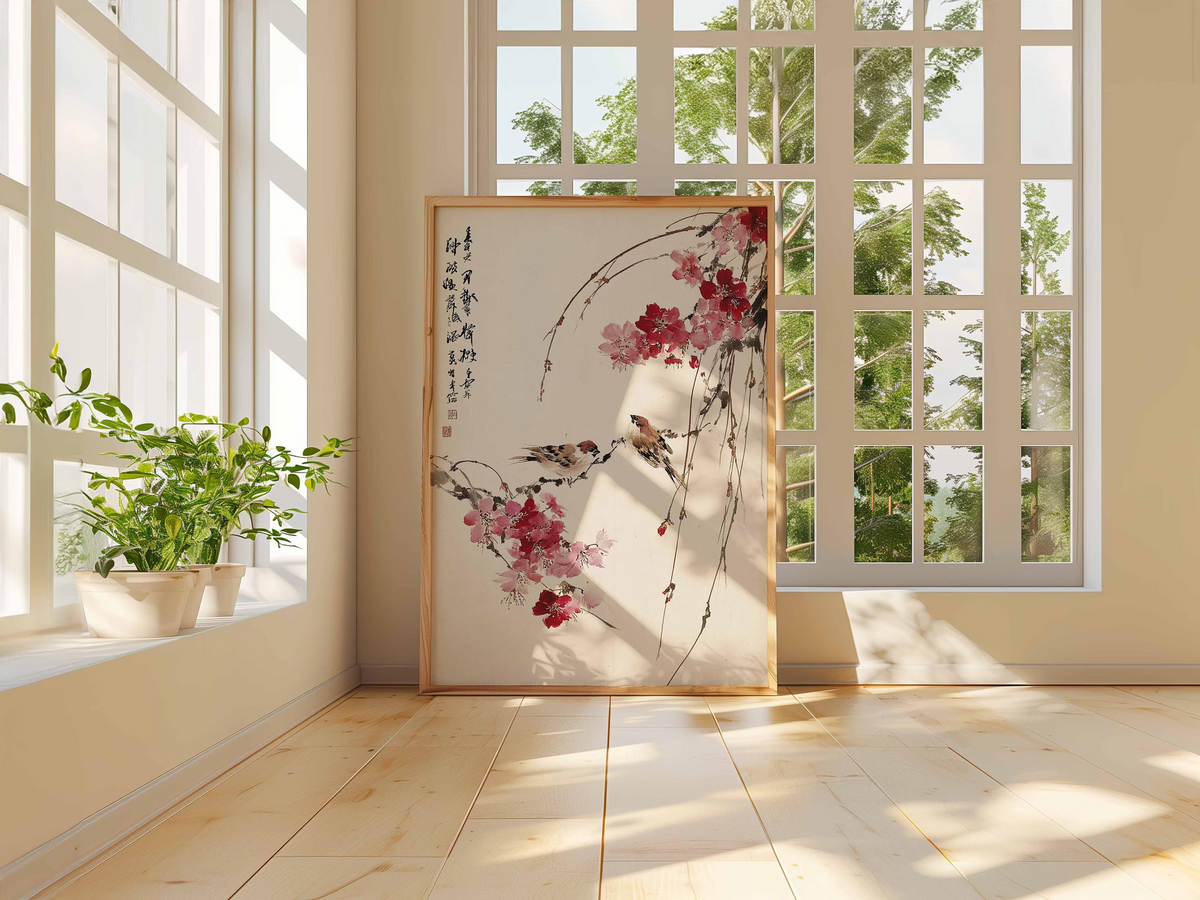 Grafika ścienna z kwiatami wiśni, japoński plakat z ptakami, grafika w stylu azjatyckim, orientalna ilustracja przyrodnicza, dekoracja do domu w stylu zen, tradycyjna grafika ścienna z motywem kwiatowym
