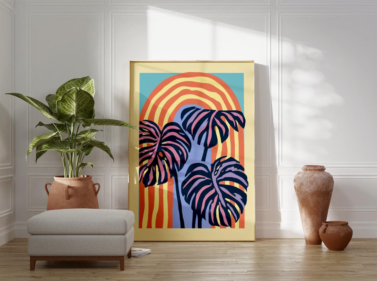 Plakat z abstrakcyjnym motywem tropikalnych liści, grafika botaniczna na ścianę w stylu retro