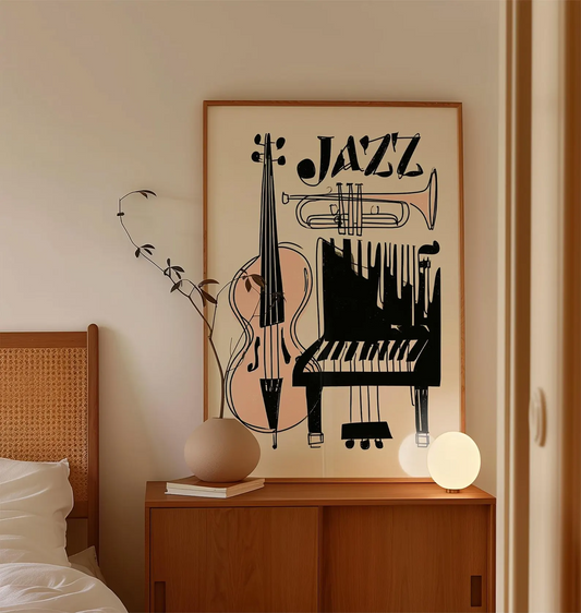 Plakat jazzowy, abstrakcyjna grafika ścienna z instrumentami muzycznymi, wydruk na papierze