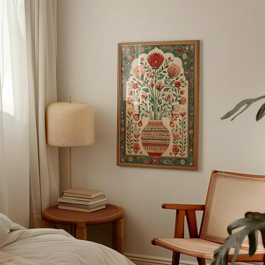 Grafika ścienna z perskim motywem kwiatowym, czerwono-zielony plakat z orientalnym wazonem, grafika z bliskowschodnim wzorem botanicznym