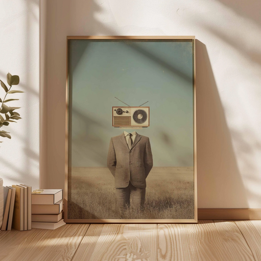 Surrealistyczny plakat z postacią z radiem zamiast głowy, surrealistyczna grafika w stylu retro, osobliwa dekoracja ścienna w stylu vintage, konceptualna sztuka absurdu, nietuzinkowy prezent dla niego
