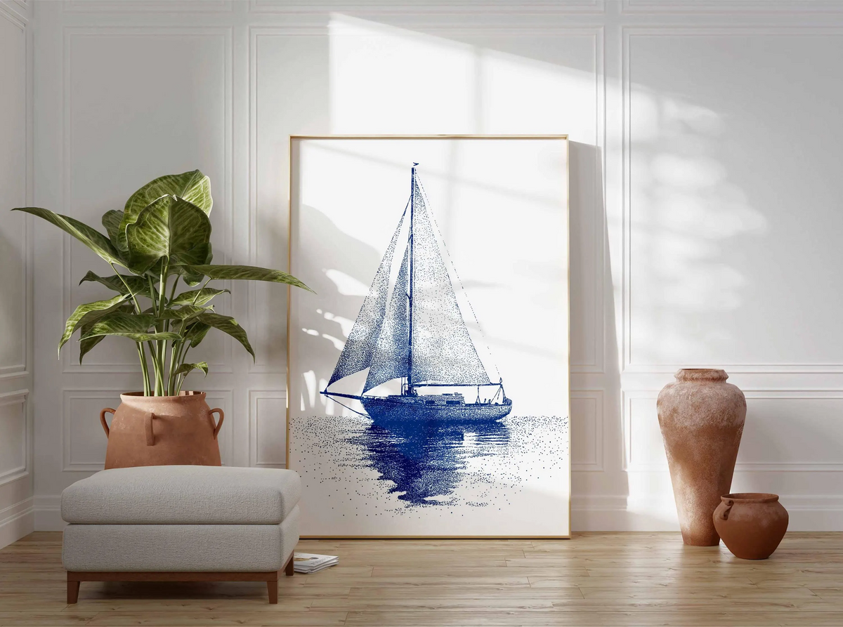 Niebieska grafika marynistyczna z żaglówką – minimalistyczna grafika ścienna z motywem oceanu, pointylistyczna ilustracja łodzi, plakat w stylu nadmorskim dla miłośników morza