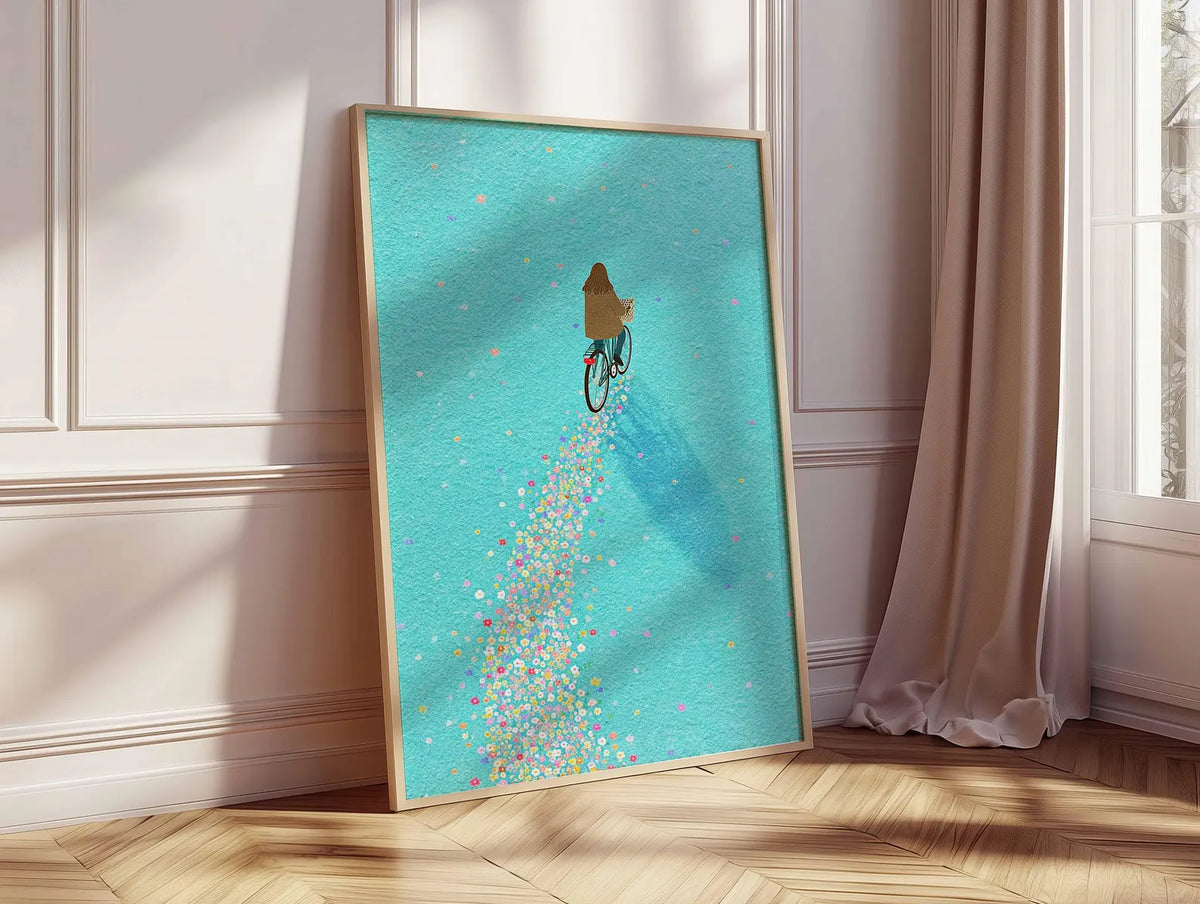 Grafika ścienna z rowerem, fantazyjny plakat, nowoczesna ilustracja, radosna grafika o tematyce rowerowej, kolorowa dekoracja do domu