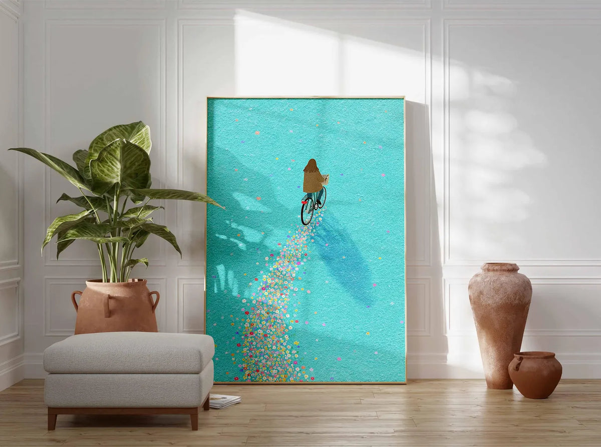 Grafika ścienna z rowerem, fantazyjny plakat, nowoczesna ilustracja, radosna grafika o tematyce rowerowej, kolorowa dekoracja do domu