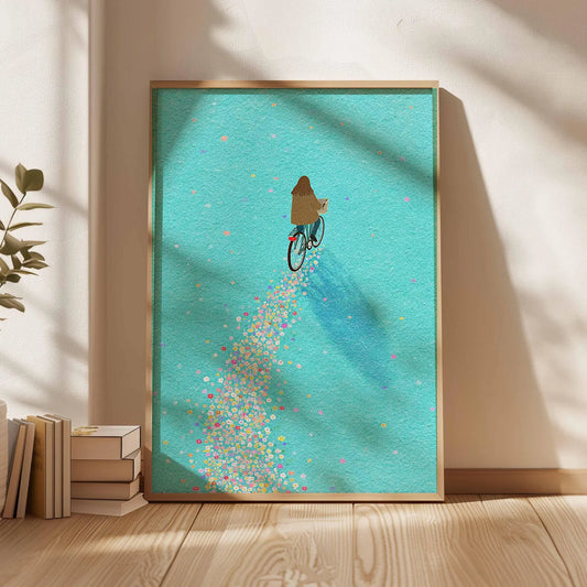 Grafika ścienna z rowerem, fantazyjny plakat, nowoczesna ilustracja, radosna grafika o tematyce rowerowej, kolorowa dekoracja do domu