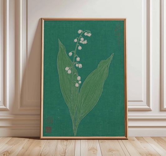 Plakat z konwalią, japońska grafika botaniczna na ścianę, minimalistyczna zielona dekoracja kwiatowa, ilustracja roślinna w stylu vintage