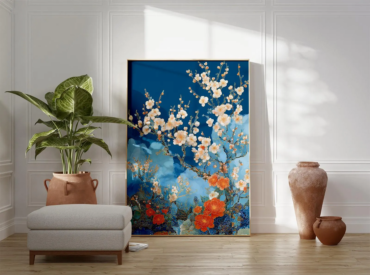 Plakat z kwiatami brzoskwini | Niebieska grafika ścienna z motywem kwiatowym | Ilustracja botaniczna w japońskim stylu