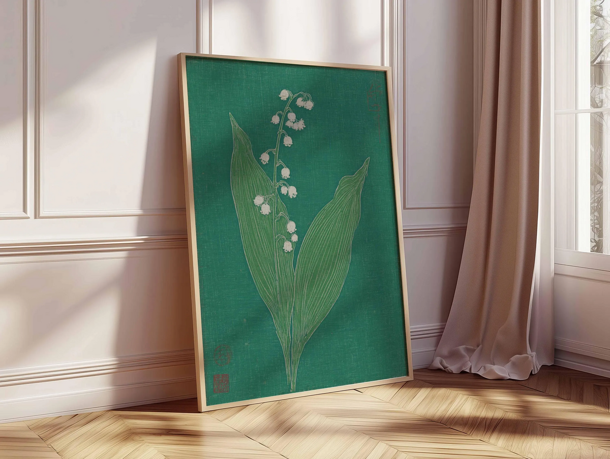 Plakat z konwalią, japońska grafika botaniczna na ścianę, minimalistyczna zielona dekoracja kwiatowa, ilustracja roślinna w stylu vintage