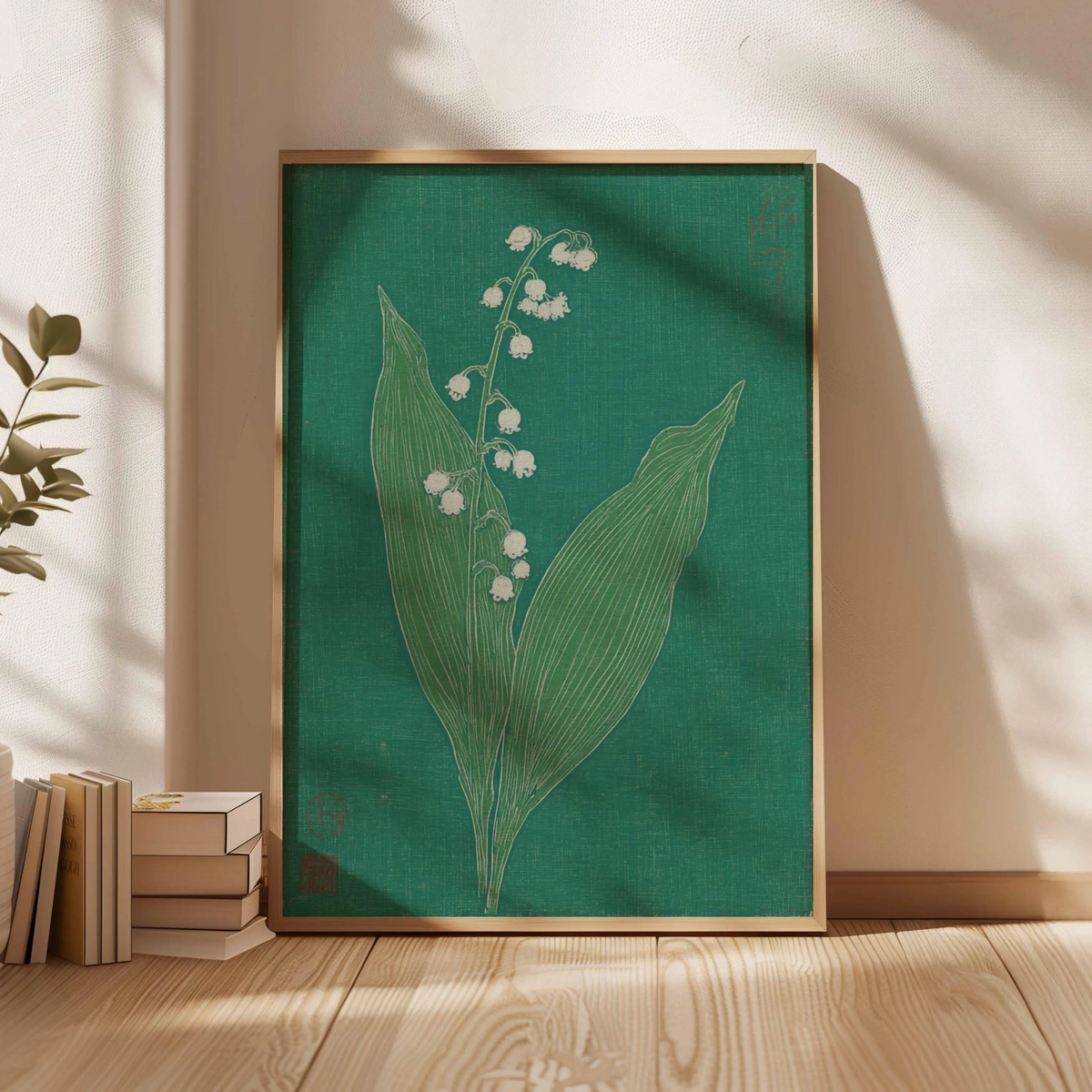 Plakat z konwalią, japońska grafika botaniczna na ścianę, minimalistyczna zielona dekoracja kwiatowa, ilustracja roślinna w stylu vintage