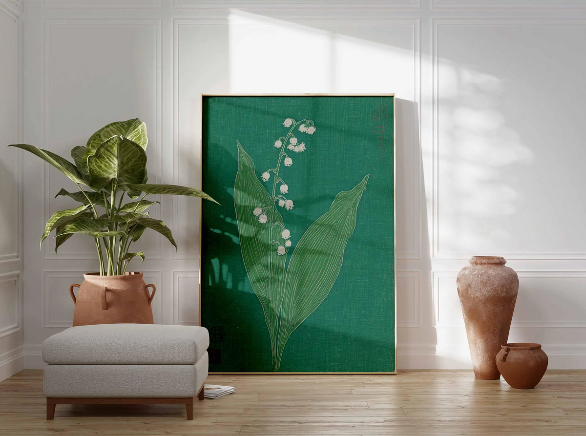 Plakat z konwalią, japońska grafika botaniczna na ścianę, minimalistyczna zielona dekoracja kwiatowa, ilustracja roślinna w stylu vintage