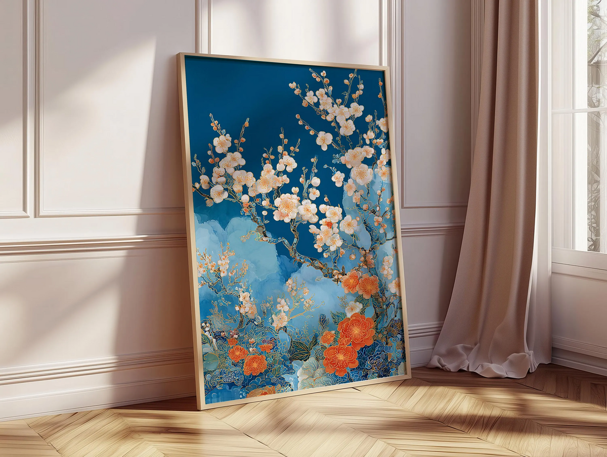 Plakat z kwiatami brzoskwini | Niebieska grafika ścienna z motywem kwiatowym | Ilustracja botaniczna w japońskim stylu