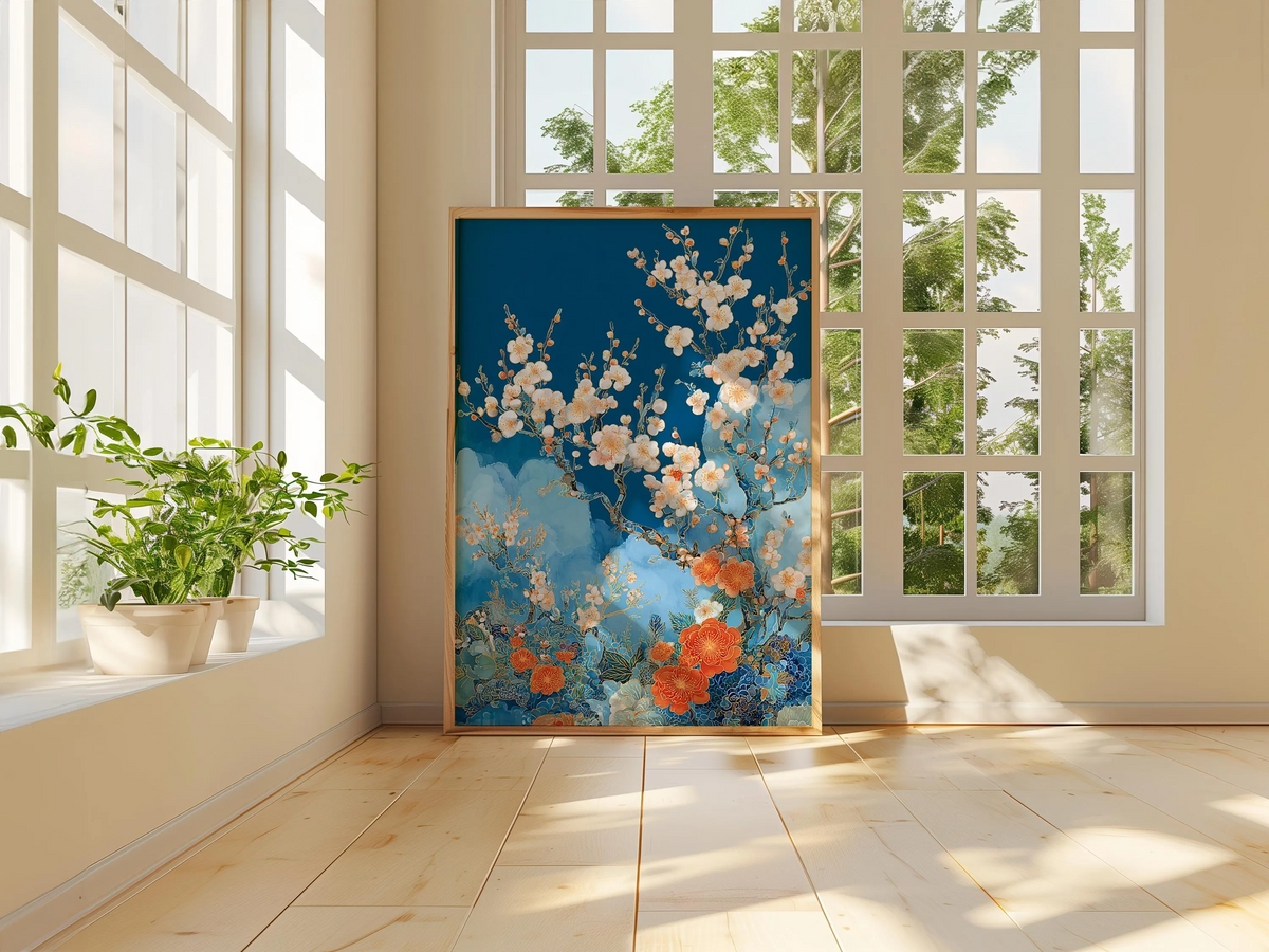 Plakat z kwiatami brzoskwini | Niebieska grafika ścienna z motywem kwiatowym | Ilustracja botaniczna w japońskim stylu