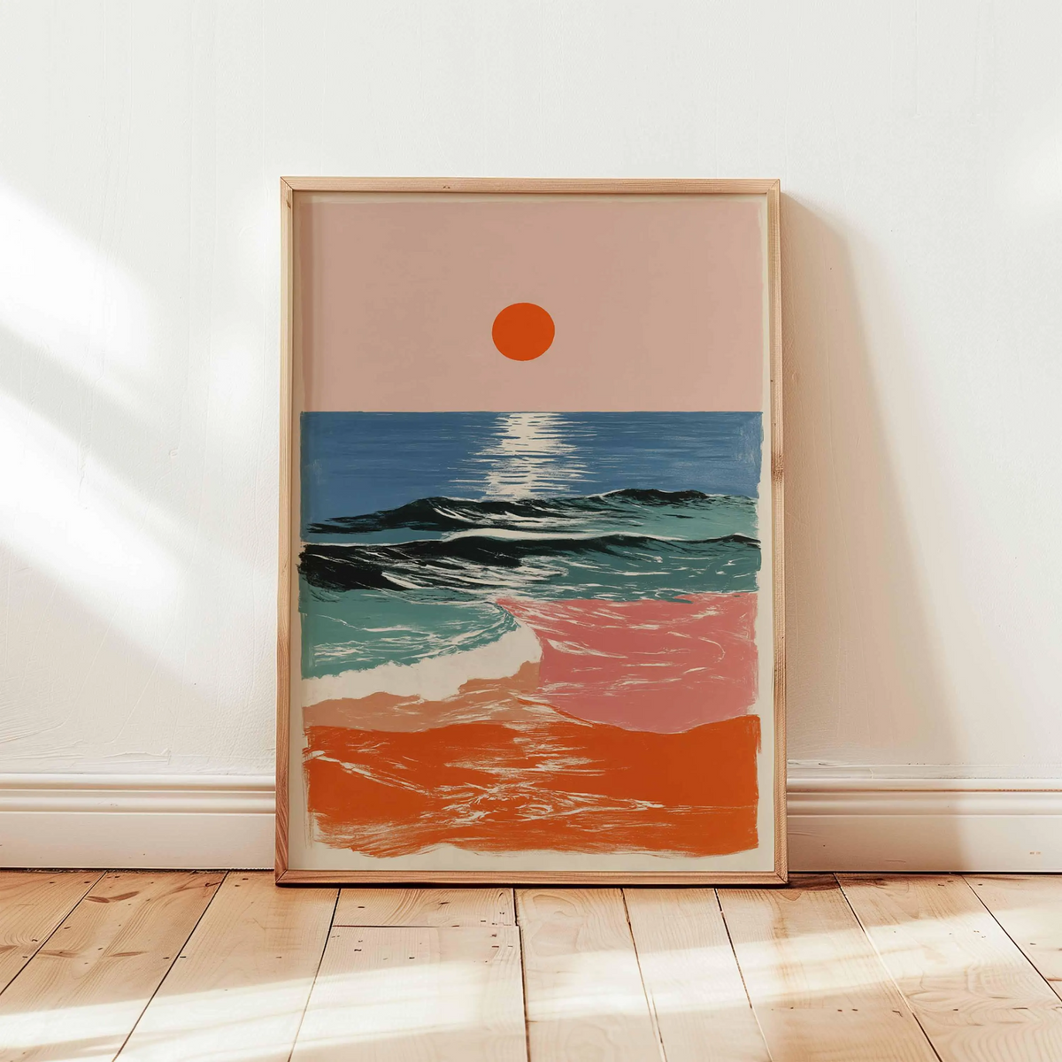 Plakat z zachodem słońca i falami oceanu w stylu retro – abstrakcyjna grafika ścienna o nadmorskim charakterze, nowoczesna grafika ze wschodem słońca na plaży w wyrazistych kolorach