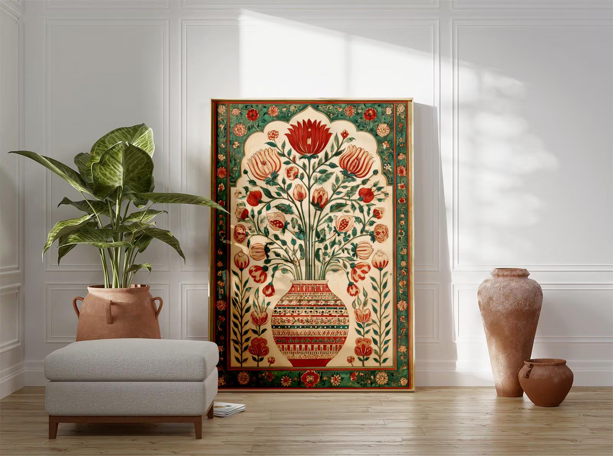 Grafika ścienna z perskim motywem kwiatowym, czerwono-zielony plakat z orientalnym wazonem, grafika z bliskowschodnim wzorem botanicznym