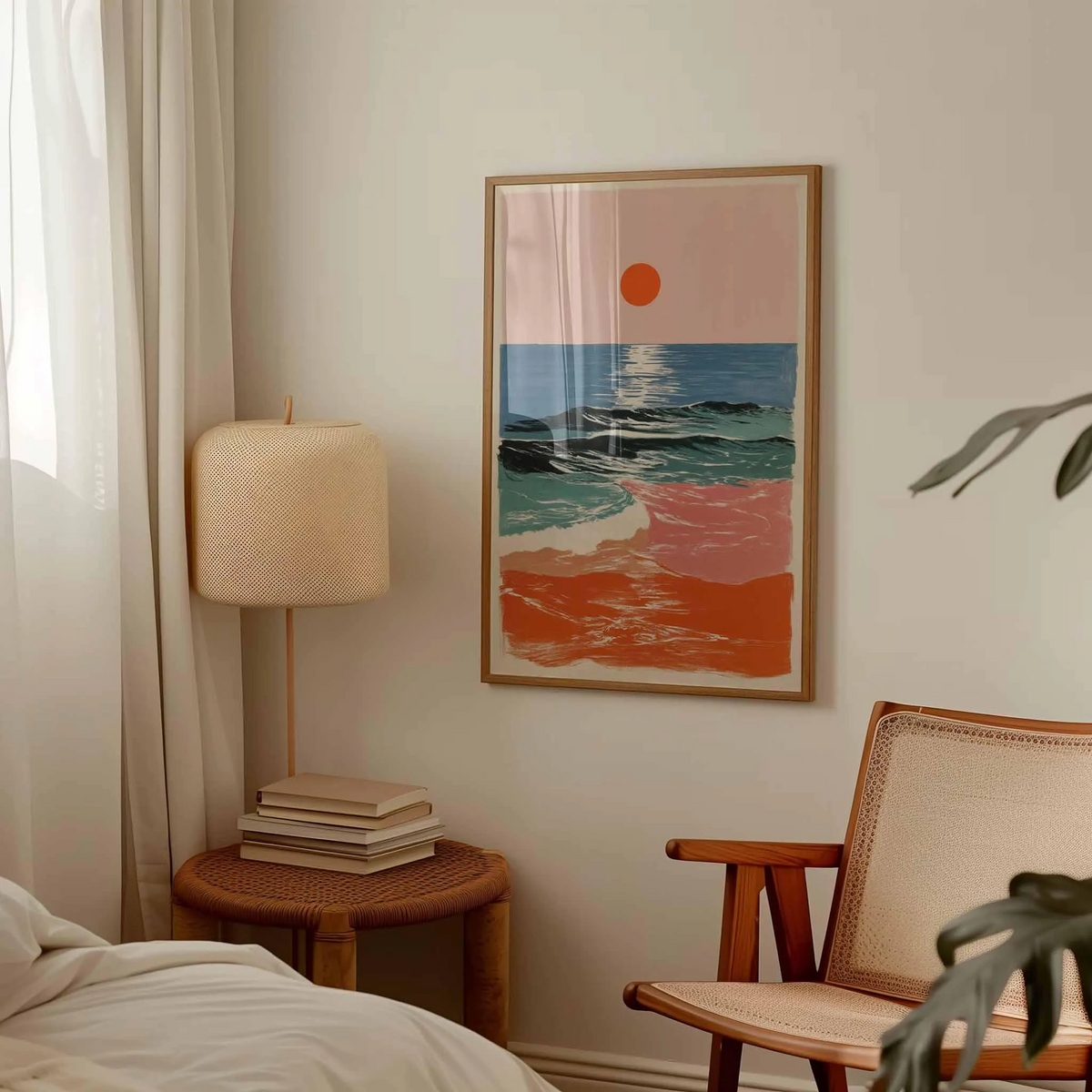 Plakat z zachodem słońca i falami oceanu w stylu retro – abstrakcyjna grafika ścienna o nadmorskim charakterze, nowoczesna grafika ze wschodem słońca na plaży w wyrazistych kolorach