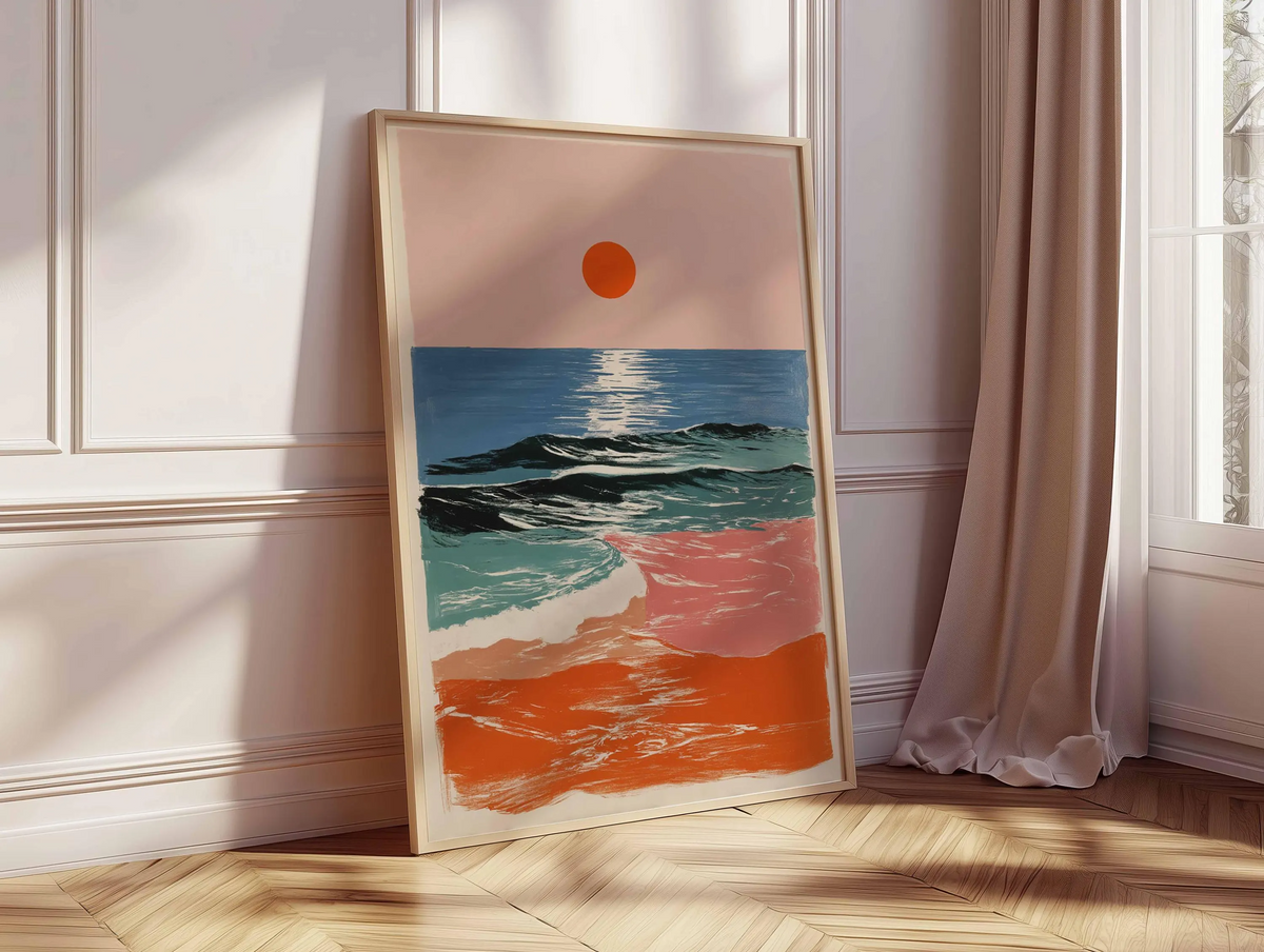 Plakat z zachodem słońca i falami oceanu w stylu retro – abstrakcyjna grafika ścienna o nadmorskim charakterze, nowoczesna grafika ze wschodem słońca na plaży w wyrazistych kolorach