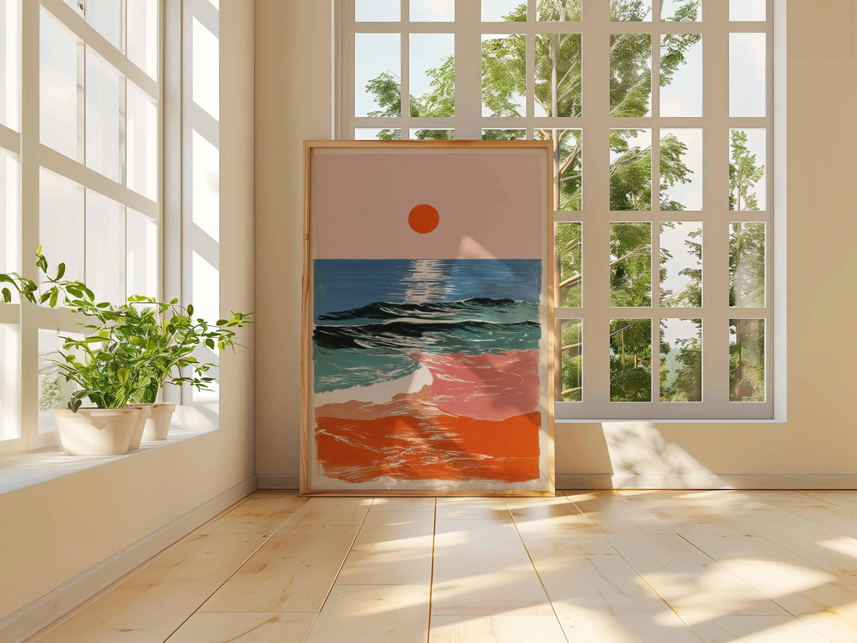 Plakat z zachodem słońca i falami oceanu w stylu retro – abstrakcyjna grafika ścienna o nadmorskim charakterze, nowoczesna grafika ze wschodem słońca na plaży w wyrazistych kolorach