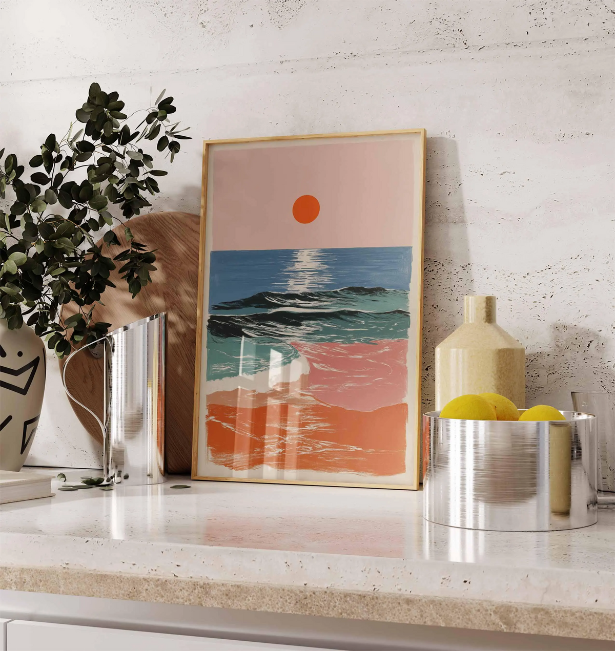 Plakat z zachodem słońca i falami oceanu w stylu retro – abstrakcyjna grafika ścienna o nadmorskim charakterze, nowoczesna grafika ze wschodem słońca na plaży w wyrazistych kolorach