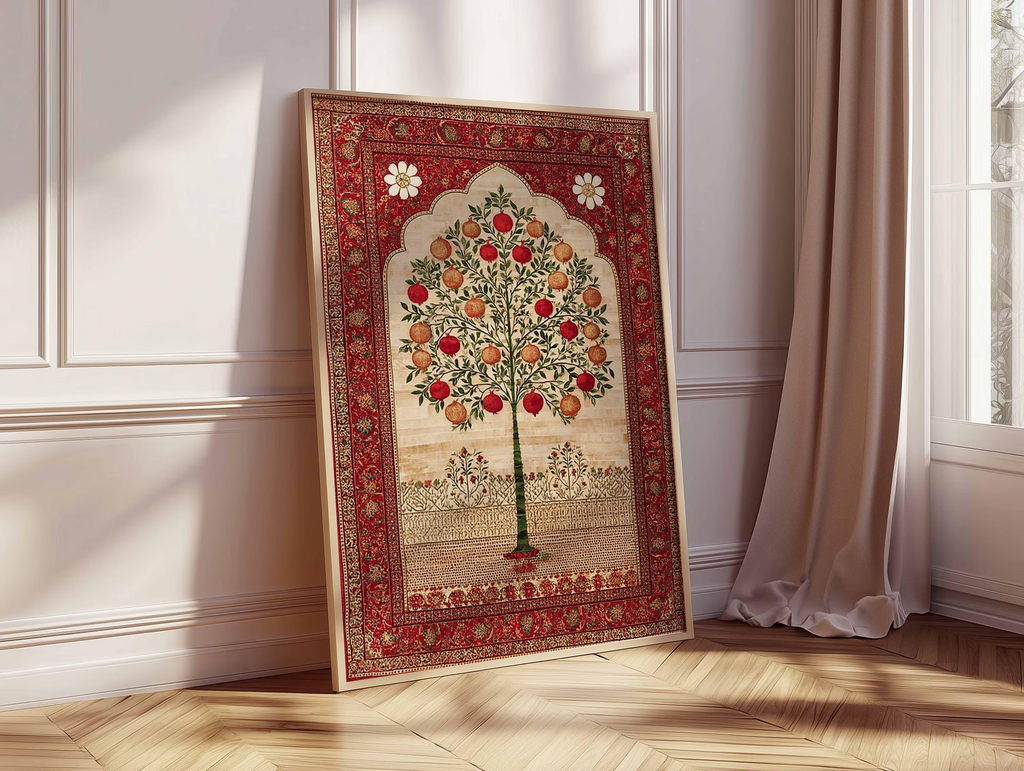 Plakat z drzewem granatu w stylu perskim, bliskowschodnia grafika ścienna, tradycyjne orientalne wzornictwo, dekoracja do domu z geometrią islamską, sztuka inspirowana kulturą