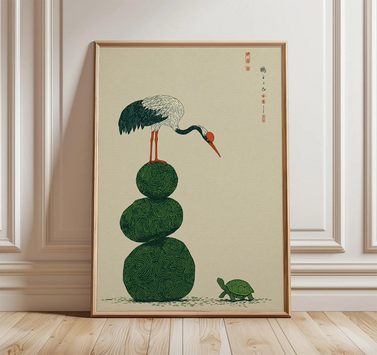 Grafika ścienna z żurawiem i żółwiem, plakat z japońską symboliką, minimalistyczna ilustracja przyrodnicza