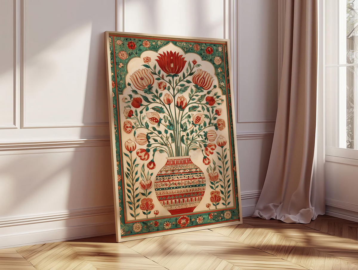 Grafika ścienna z perskim motywem kwiatowym, czerwono-zielony plakat z orientalnym wazonem, grafika z bliskowschodnim wzorem botanicznym