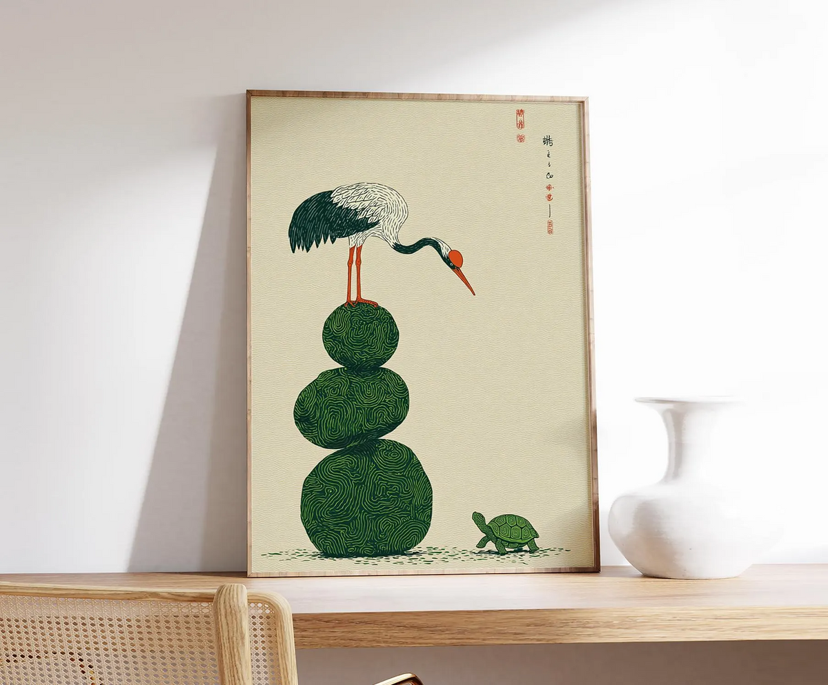 Grafika ścienna z żurawiem i żółwiem, plakat z japońską symboliką, minimalistyczna ilustracja przyrodnicza