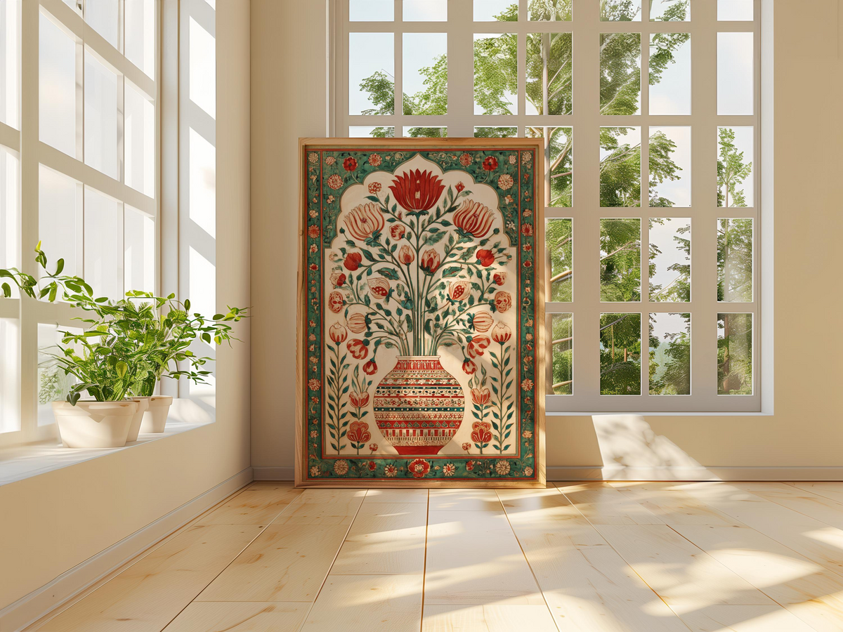 Grafika ścienna z perskim motywem kwiatowym, czerwono-zielony plakat z orientalnym wazonem, grafika z bliskowschodnim wzorem botanicznym