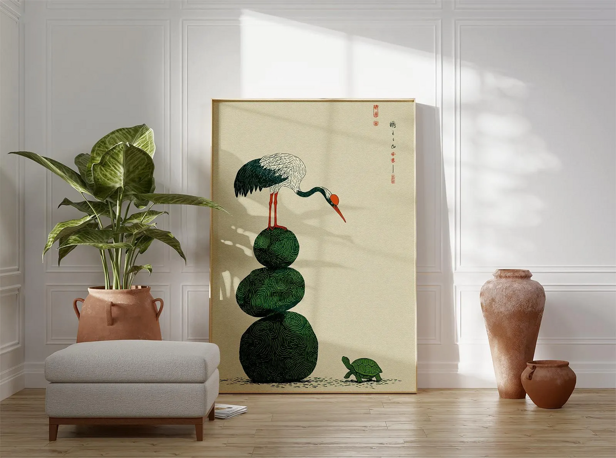 Grafika ścienna z żurawiem i żółwiem, plakat z japońską symboliką, minimalistyczna ilustracja przyrodnicza