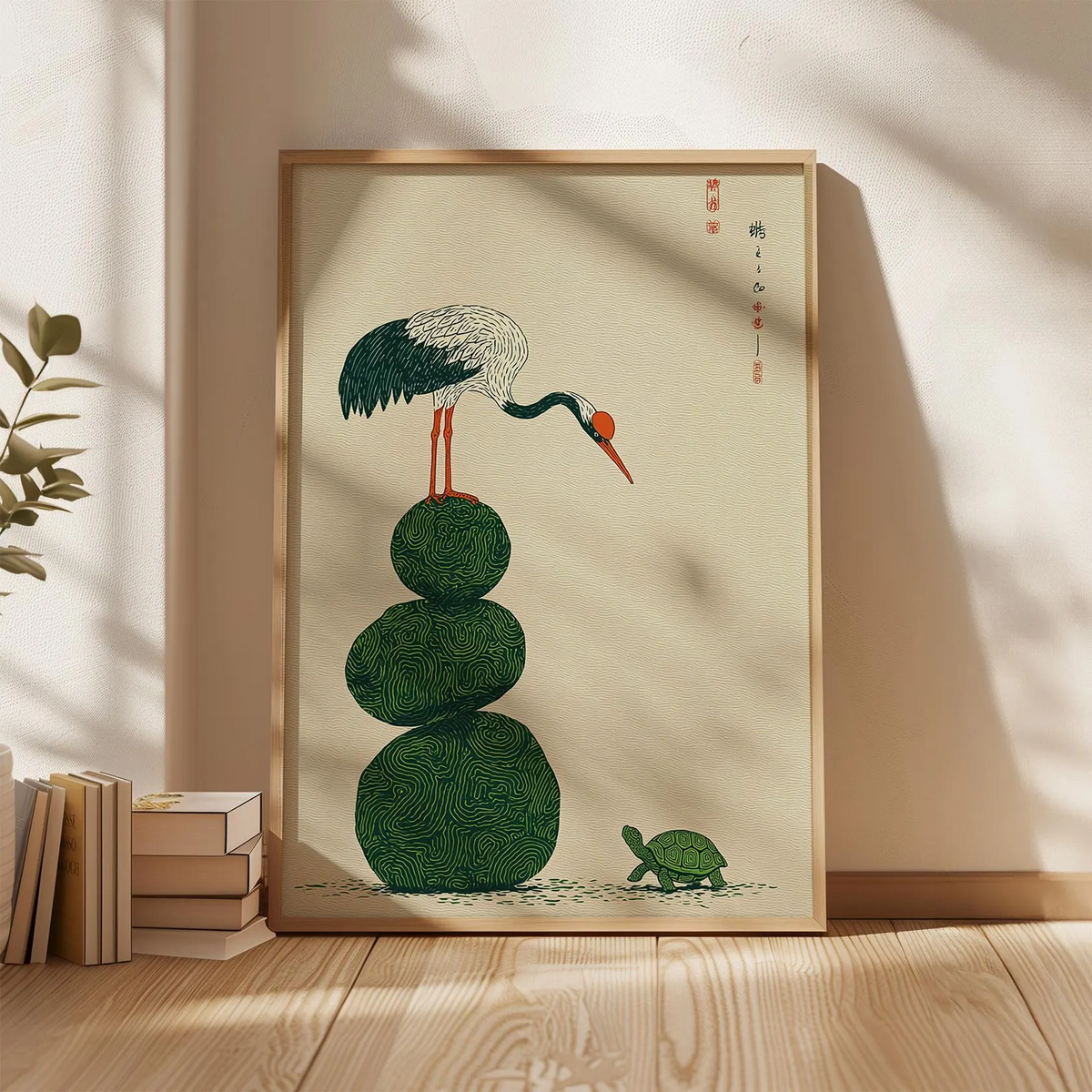Grafika ścienna z żurawiem i żółwiem, plakat z japońską symboliką, minimalistyczna ilustracja przyrodnicza