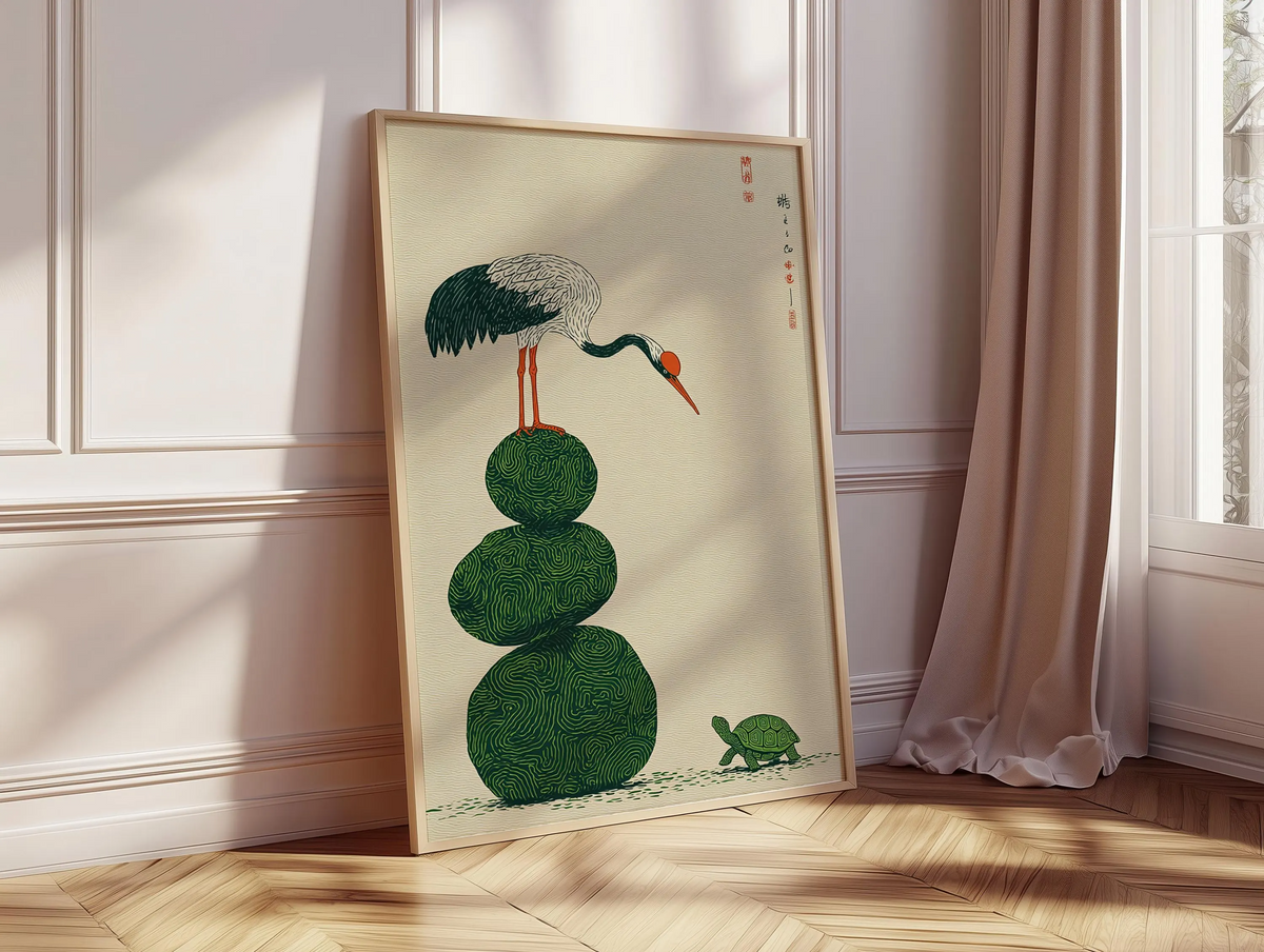 Grafika ścienna z żurawiem i żółwiem, plakat z japońską symboliką, minimalistyczna ilustracja przyrodnicza