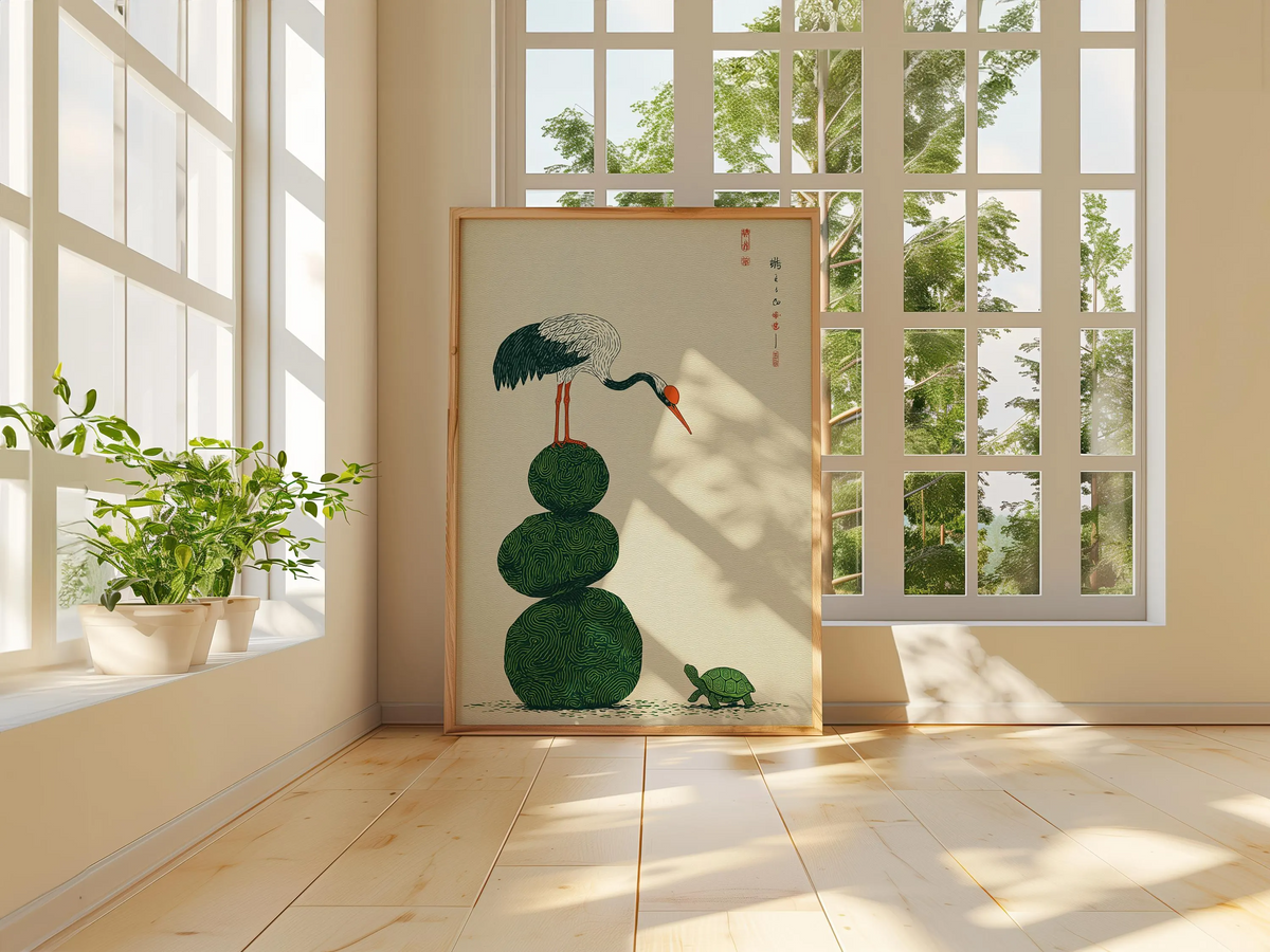 Grafika ścienna z żurawiem i żółwiem, plakat z japońską symboliką, minimalistyczna ilustracja przyrodnicza