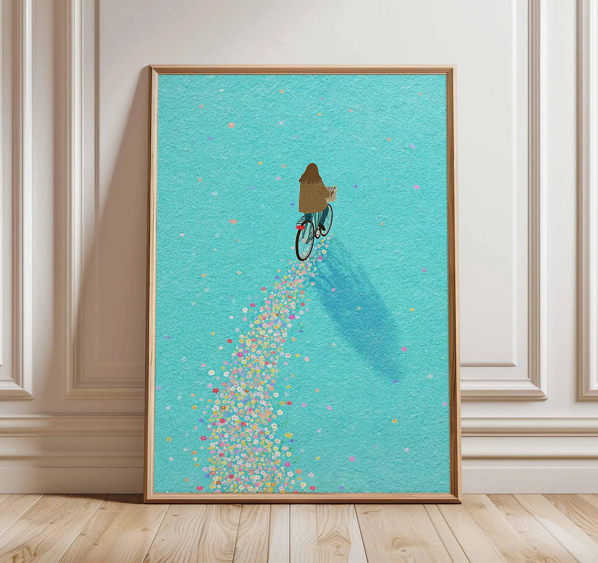 Grafika ścienna z rowerem, fantazyjny plakat, nowoczesna ilustracja, radosna grafika o tematyce rowerowej, kolorowa dekoracja do domu