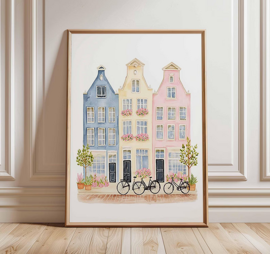 Plakat z europejskimi domami miejskimi w pastelowych kolorach, ilustracja akwarelowa, dekoracja do pokoju niemowlęcego z motywem podróży, prezent na parapetówkę