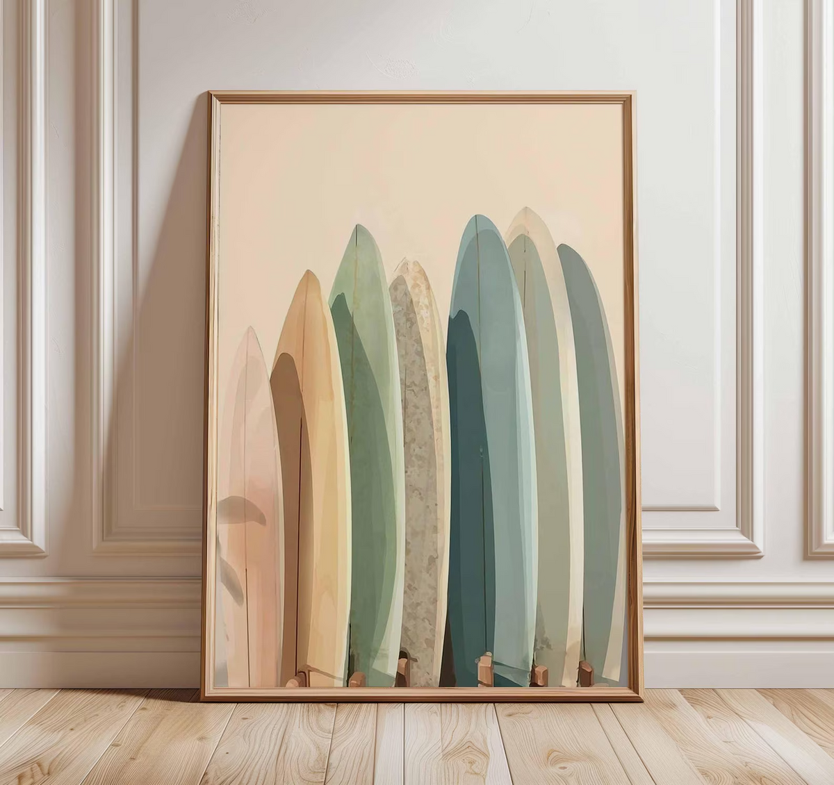 Plakat z deskami surfingowymi w stonowanych kolorach, minimalistyczna grafika w stylu boho, dekoracja do domu nad morzem, prezent dla surfera, dekoracja ścienna do pokoju niemowlęcego