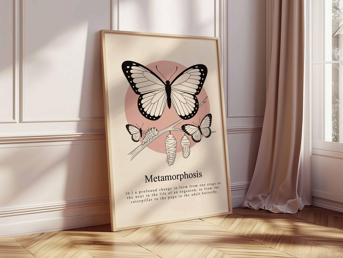 Grafika ścienna z motylem, plakat przedstawiający cykl życia z gąsienicą i kokonem, nowoczesna ilustracja przyrodnicza, minimalistyczna dekoracja botaniczna do domu
