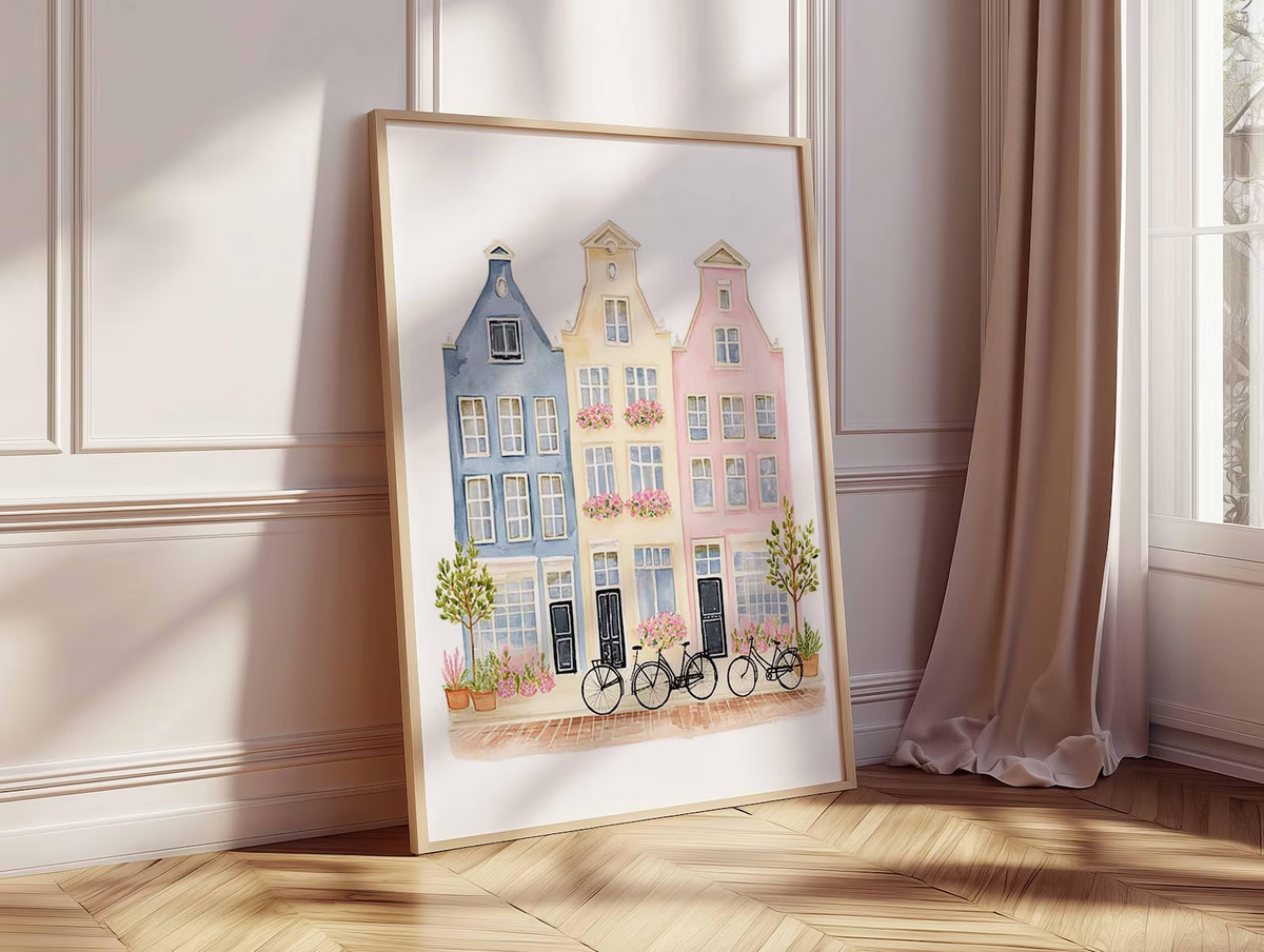 Plakat z europejskimi domami miejskimi w pastelowych kolorach, ilustracja akwarelowa, dekoracja do pokoju niemowlęcego z motywem podróży, prezent na parapetówkę