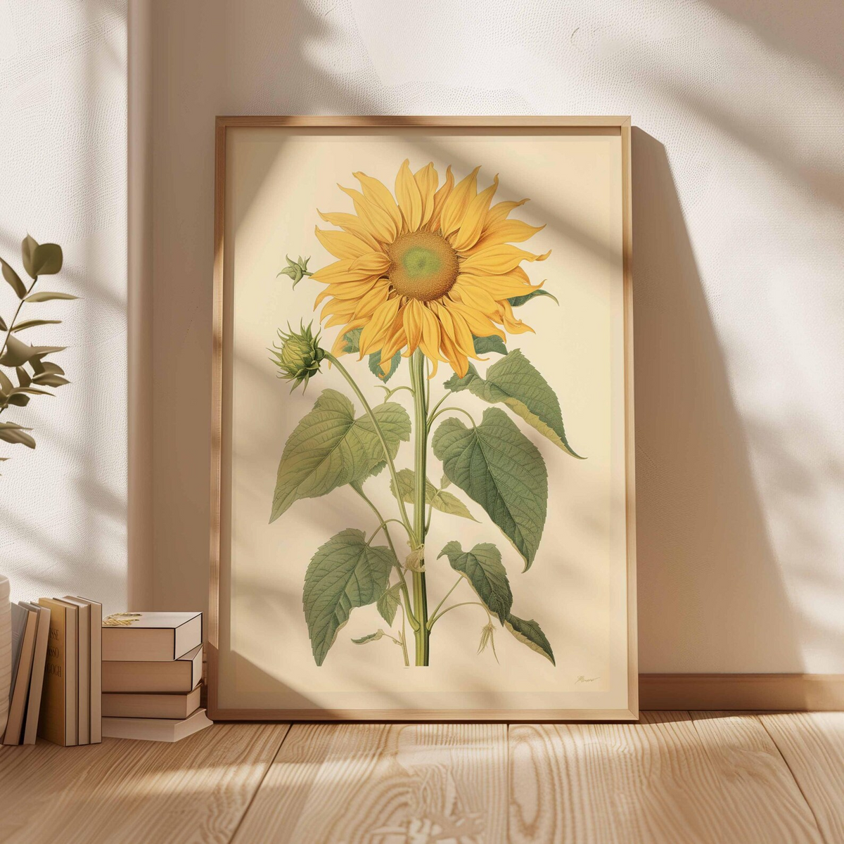 Plakat ze słonecznikiem w stylu vintage, botaniczna grafika ścienna z motywem kwiatowym, klasyczna ilustracja przyrodnicza, elegancka grafika kwiatowa do domu i salonu