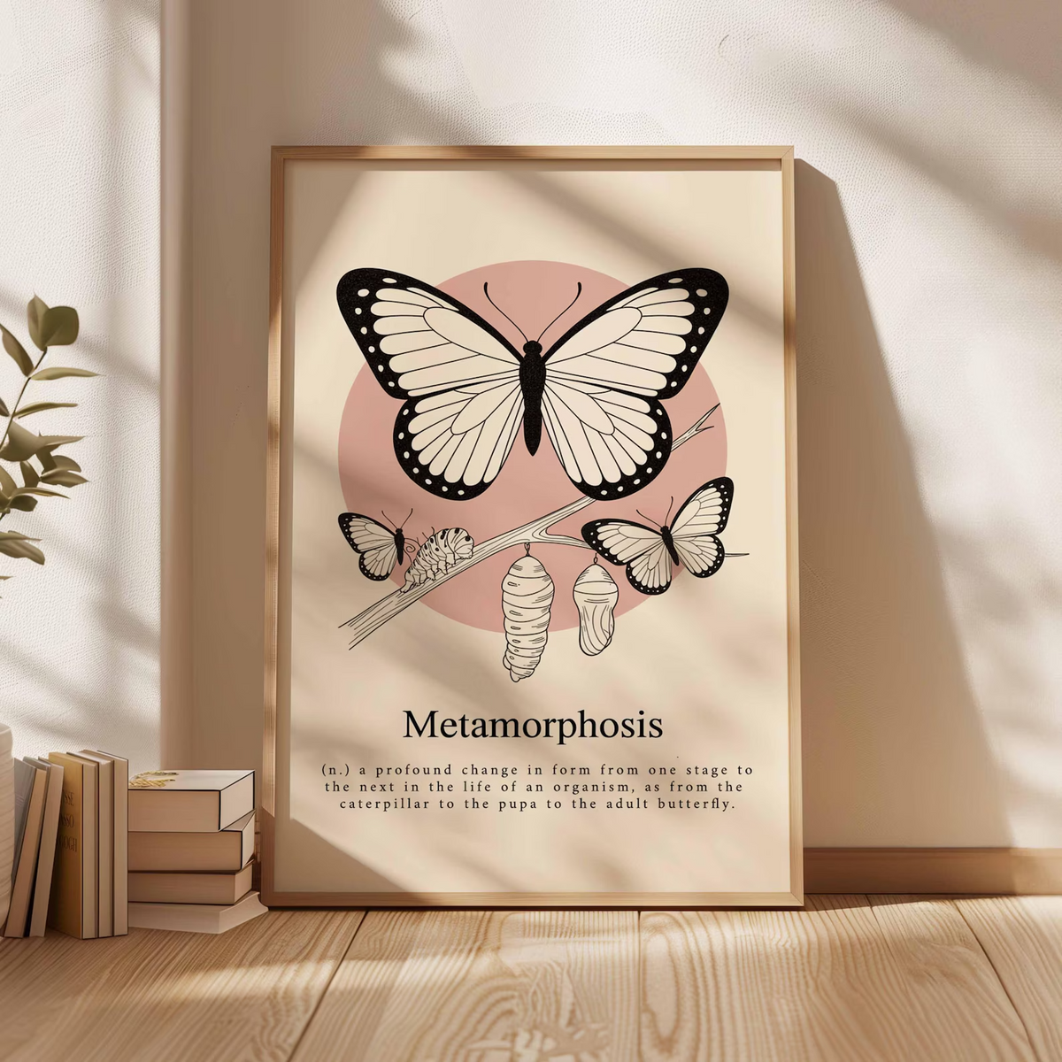 Grafika ścienna z motylem, plakat przedstawiający cykl życia z gąsienicą i kokonem, nowoczesna ilustracja przyrodnicza, minimalistyczna dekoracja botaniczna do domu