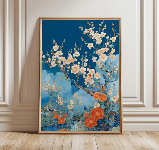 Plakat z kwiatami brzoskwini | Niebieska grafika ścienna z motywem kwiatowym | Ilustracja botaniczna w japońskim stylu