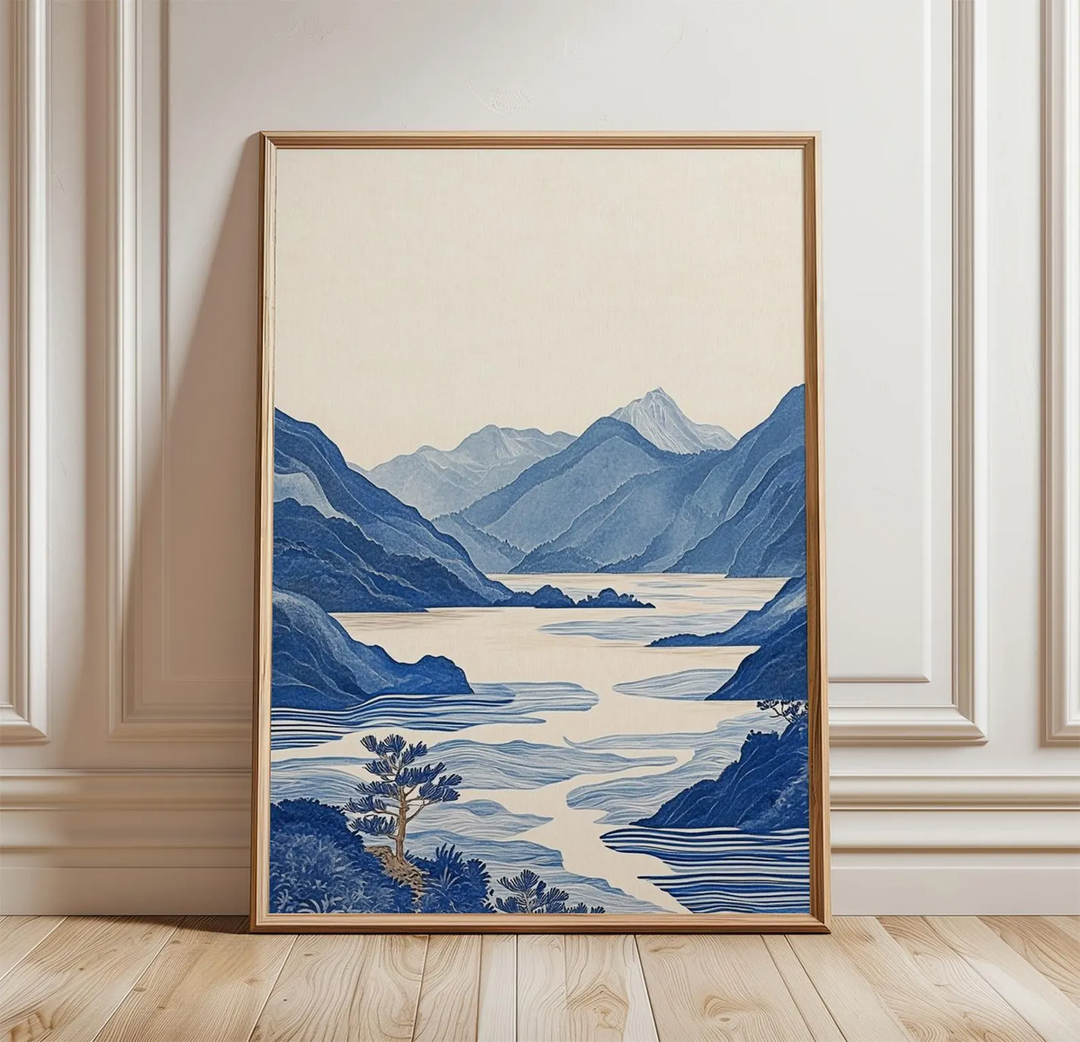 Plakat z niebieskimi górami i jeziorem, grafika ścienna z japońskim krajobrazem, minimalistyczna grafika z motywem natury