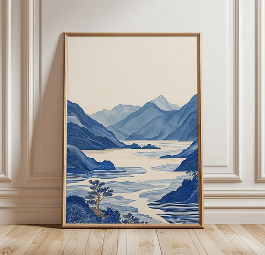 Plakat z niebieskimi górami i jeziorem, grafika ścienna z japońskim krajobrazem, minimalistyczna grafika z motywem natury