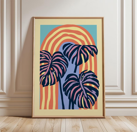 Plakat z abstrakcyjnym motywem tropikalnych liści, grafika botaniczna na ścianę w stylu retro