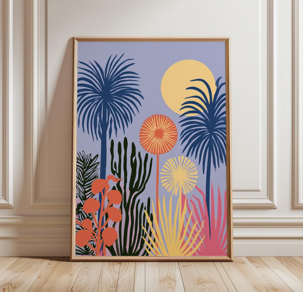 Plakat z abstrakcyjnym ogrodem tropikalnym, kolorowa grafika botaniczna na ścianę
