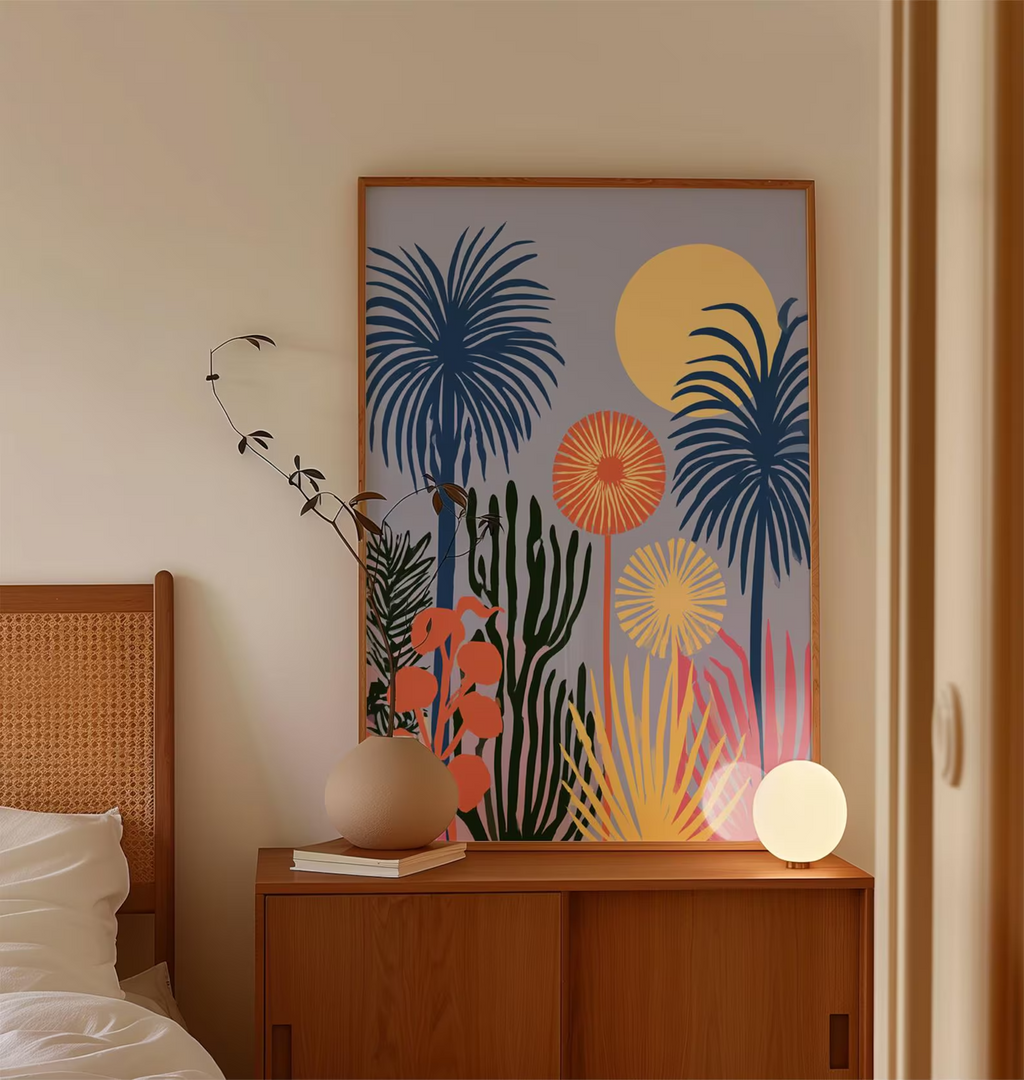 Plakat z abstrakcyjnym ogrodem tropikalnym, kolorowa grafika botaniczna na ścianę