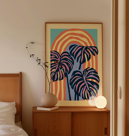 Plakat z abstrakcyjnym motywem tropikalnych liści, grafika botaniczna na ścianę w stylu retro