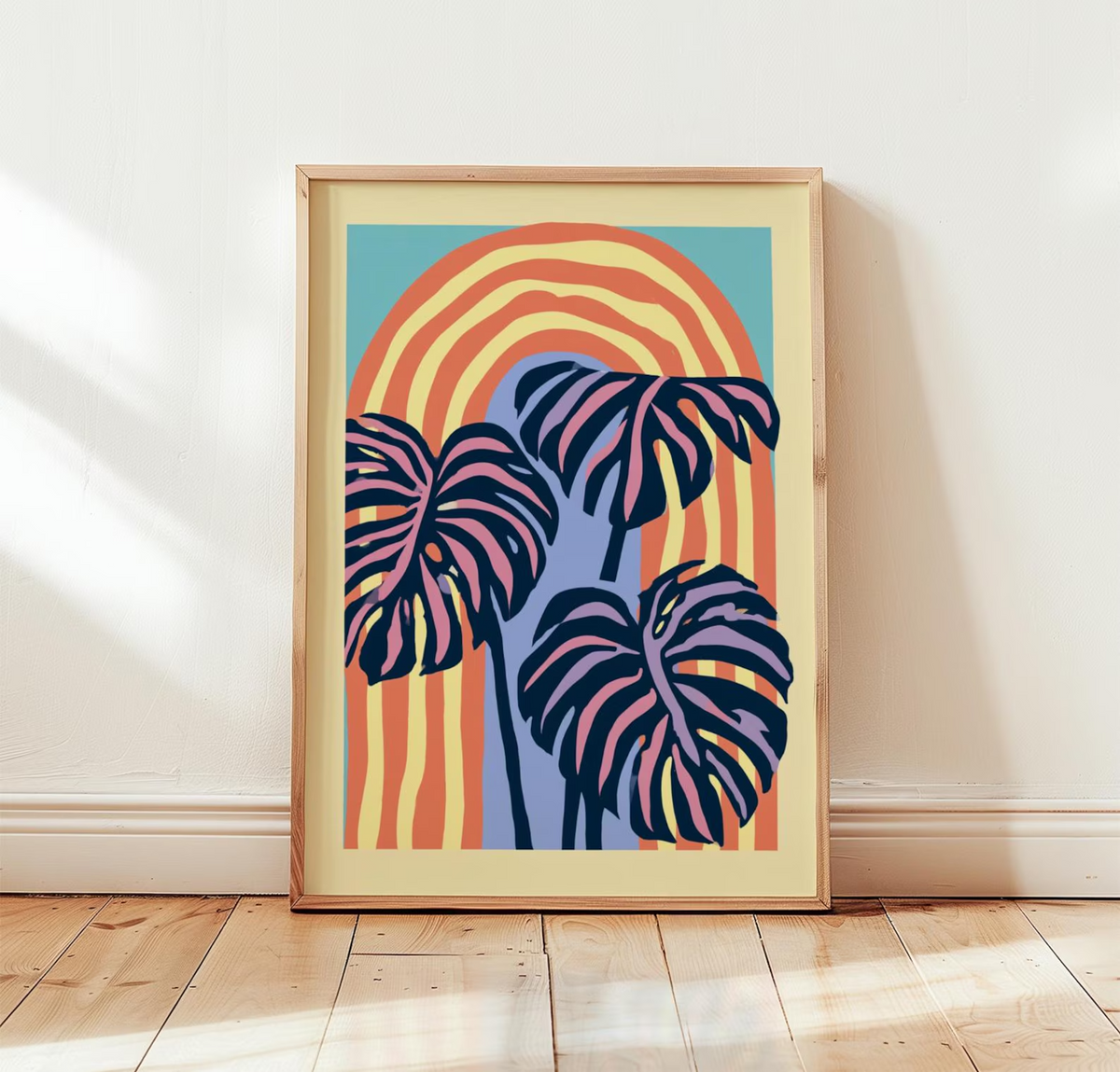 Plakat z abstrakcyjnym motywem tropikalnych liści, grafika botaniczna na ścianę w stylu retro