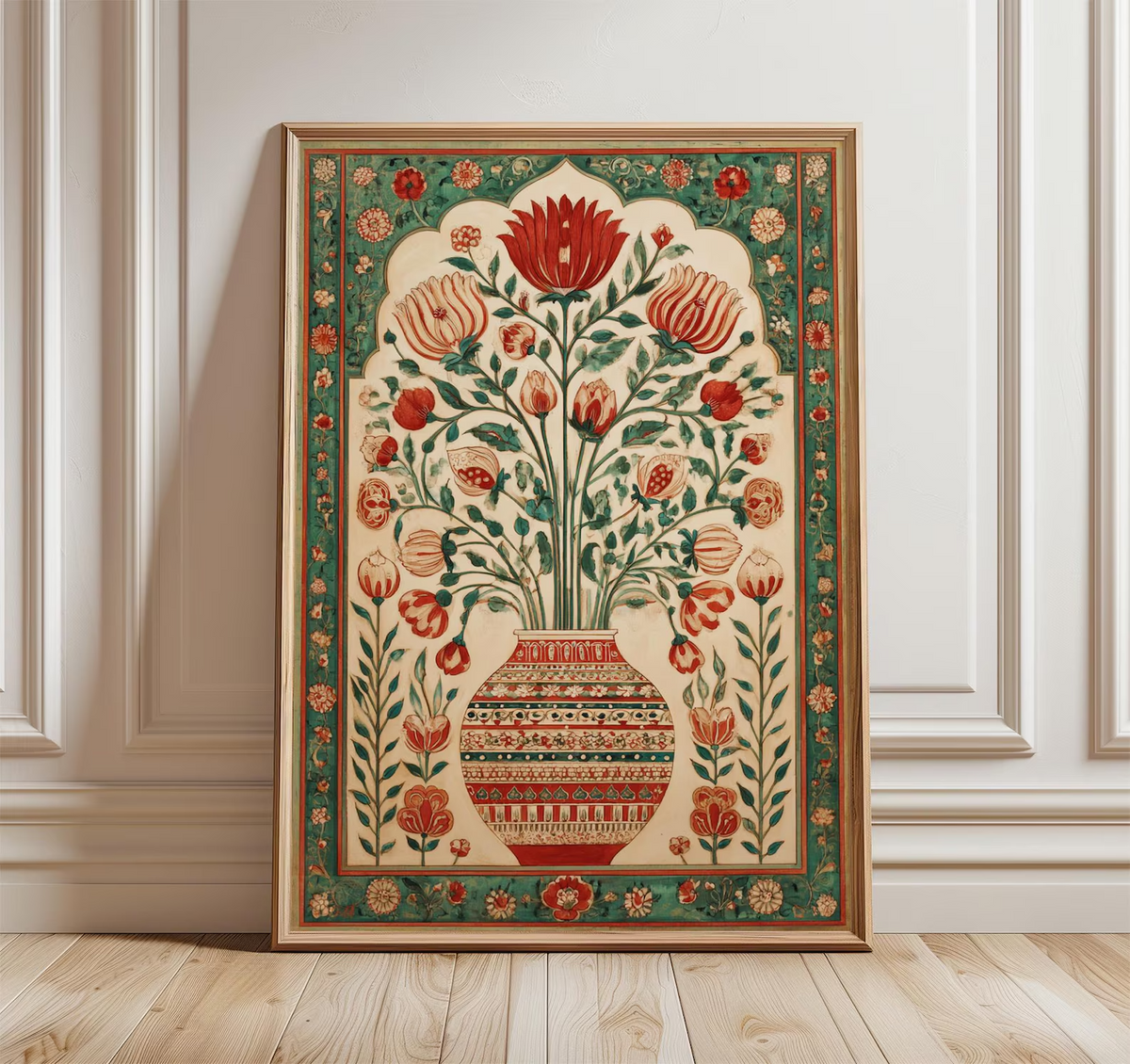Grafika ścienna z perskim motywem kwiatowym, czerwono-zielony plakat z orientalnym wazonem, grafika z bliskowschodnim wzorem botanicznym