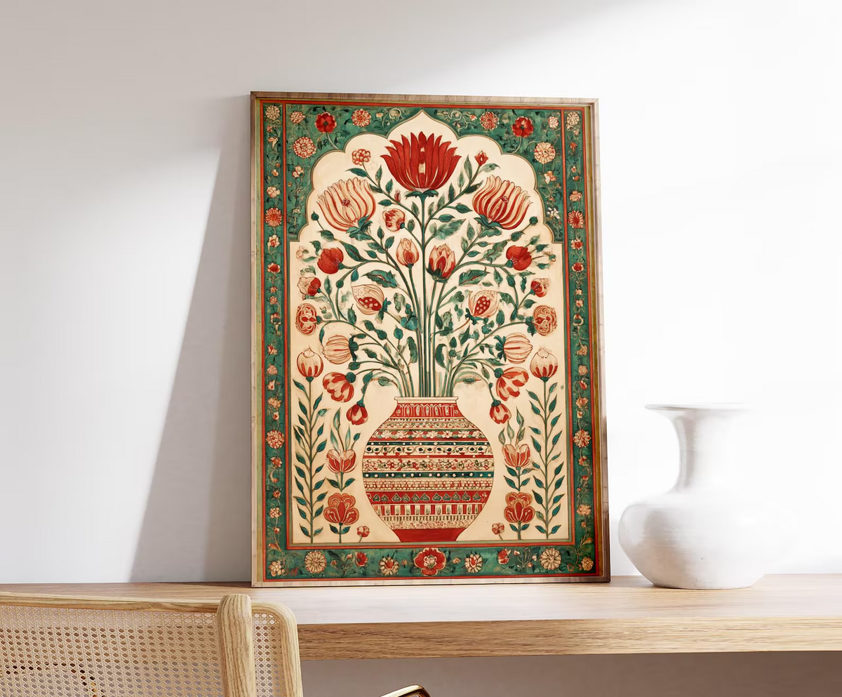 Grafika ścienna z perskim motywem kwiatowym, czerwono-zielony plakat z orientalnym wazonem, grafika z bliskowschodnim wzorem botanicznym