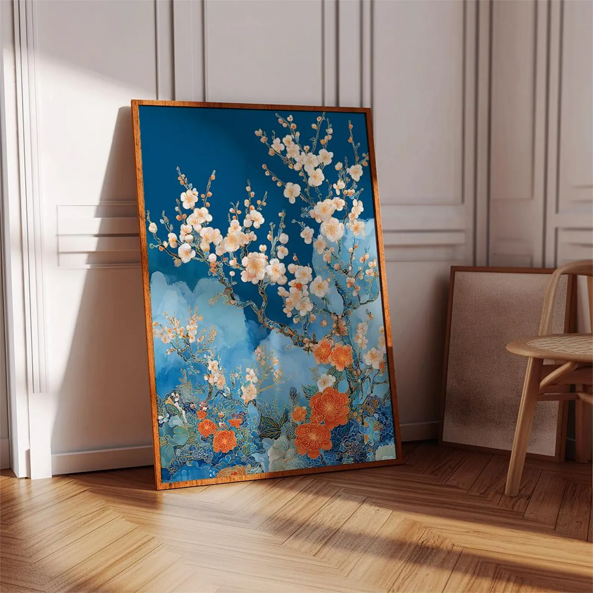 Plakat z kwiatami brzoskwini | Niebieska grafika ścienna z motywem kwiatowym | Ilustracja botaniczna w japońskim stylu