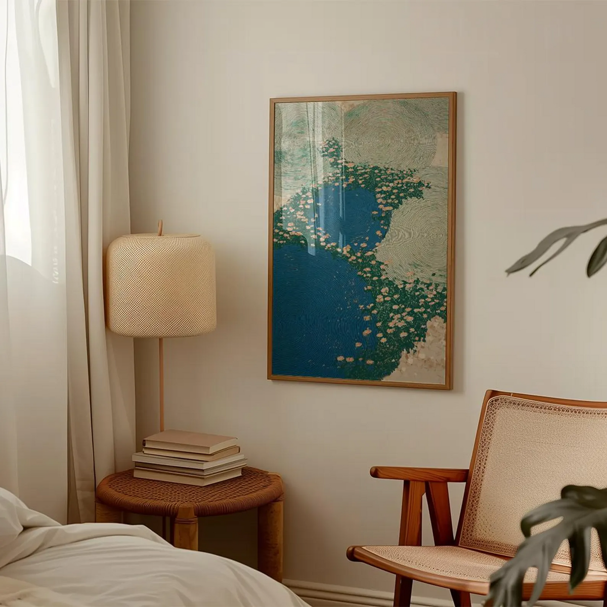 Abstrakcyjny plakat kwiatowy w odcieniach błękitu i zieleni, nowoczesna grafika ścienna, ilustracja botaniczna z motywem okręgów, minimalistyczna dekoracja do domu z motywem natury, nowoczesna sztuka japońska